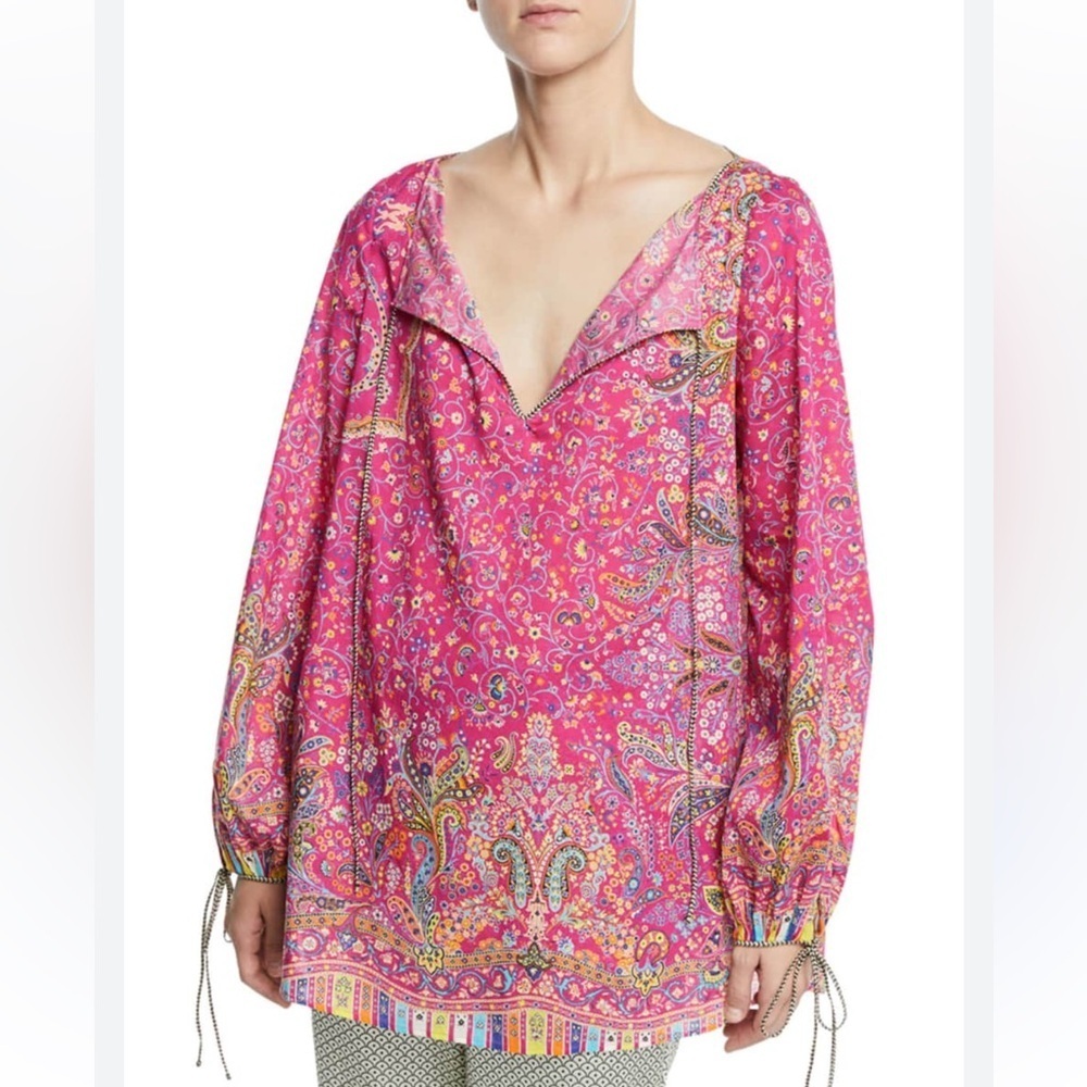 EUC Etro Italian Made Micro-Floral Cotton Peasant Blouse Pink Floral Size 42